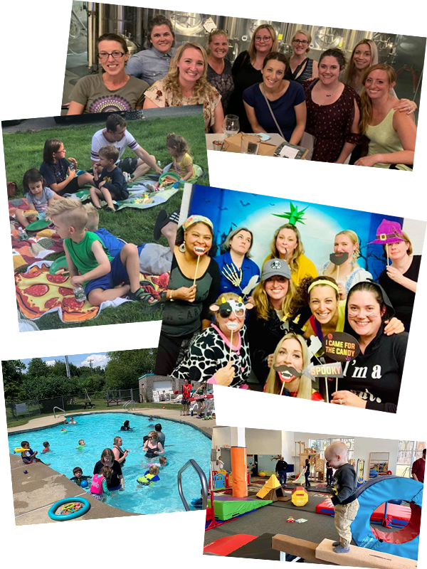 SMA members at various events, including trivia night, a picnic, a halloween party, a pool party, and a baby gym meetup.